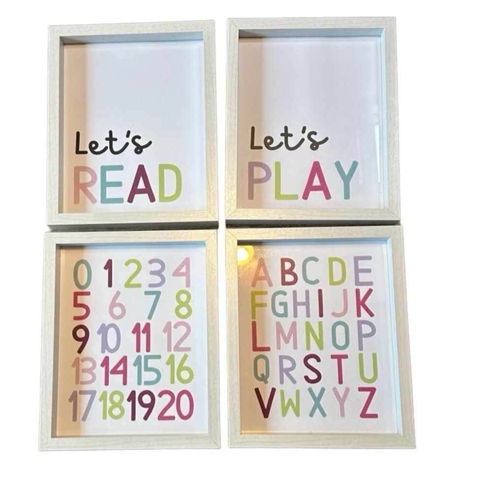 Nursery Alphabet & Number Wall Art Set of 4 |White Wooden Frames 8x10| Kids Room